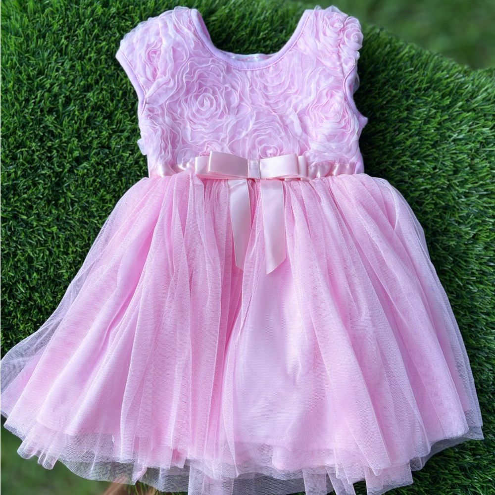 SPRING DRESS BABY GIRL PALE PINK TEXTURED ROSES BODICE LAYERS TULLE BOW SKIRT 12